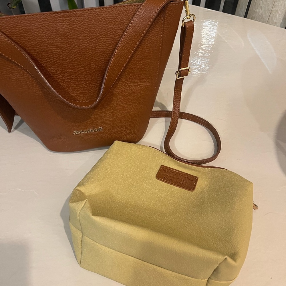 Brown Leather Handbag and Cream Pouch Set